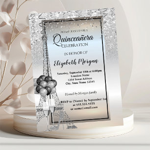 Convite Torre Eiffel com Brilho Prateado,Balões Quinceañer