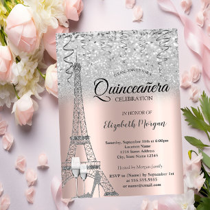 Convite Torre Eiffel com Brilho Prateado, Vidro Dourado Ro