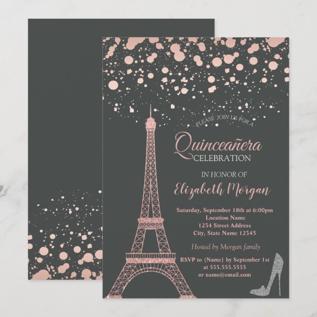 Convite Torre Eiffel com Brilho, Saltos com Pontos Quincea (Frente/Verso)