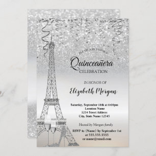 Convite Torre Eiffel com Glitter de Prata,Salto,Quinceañer
