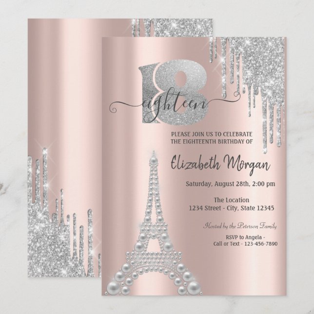 Convite Torre Eiffel com Pingos de Brilho Prateados Aniver (Frente/Verso)