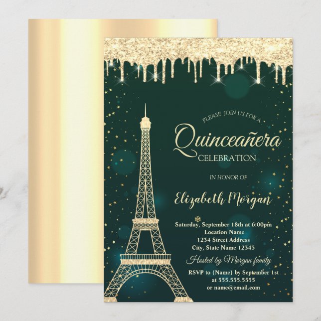 Convite Torre Eiffel com Purpurina Dourada, Gotas Verde Qu (Frente/Verso)