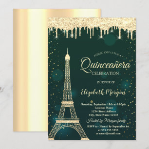 Convite Torre Eiffel com Purpurina Dourada, Gotas Verde Qu