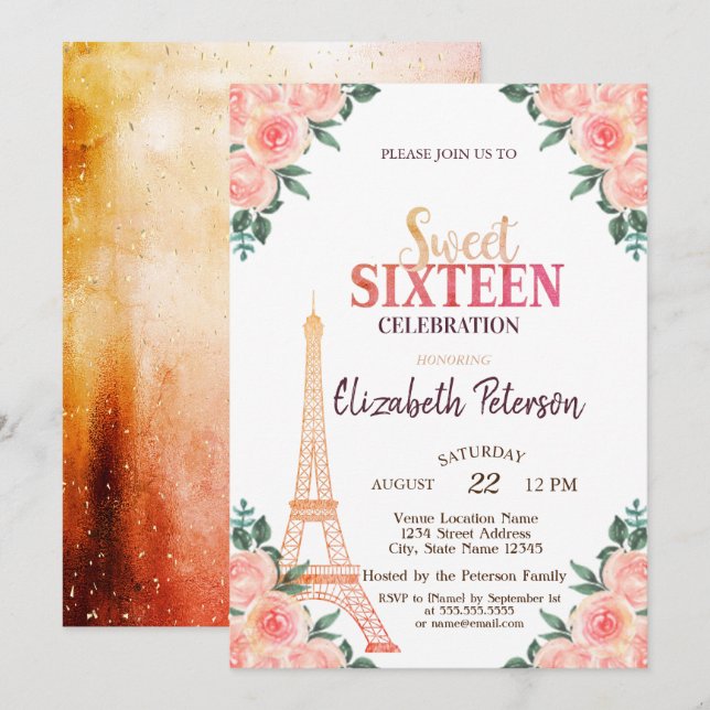 Convite Torre Eiffel Confetes ++++9-Flores Doce 16 (Frente/Verso)