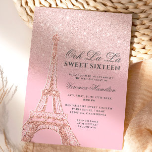 Convite Torre Eiffel cor-de-rosa, cor-de-rosa, brilho dour
