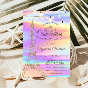 Convite Torre Eiffel de Brilho Dourado Quinceañera Holográ