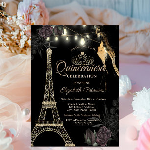 Convite Torre Eiffel de Brilho Dourado Rosas Pretas Quince