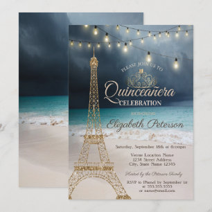 Convite Torre Eiffel de Brilho Dourado, Tiara Beach Quince