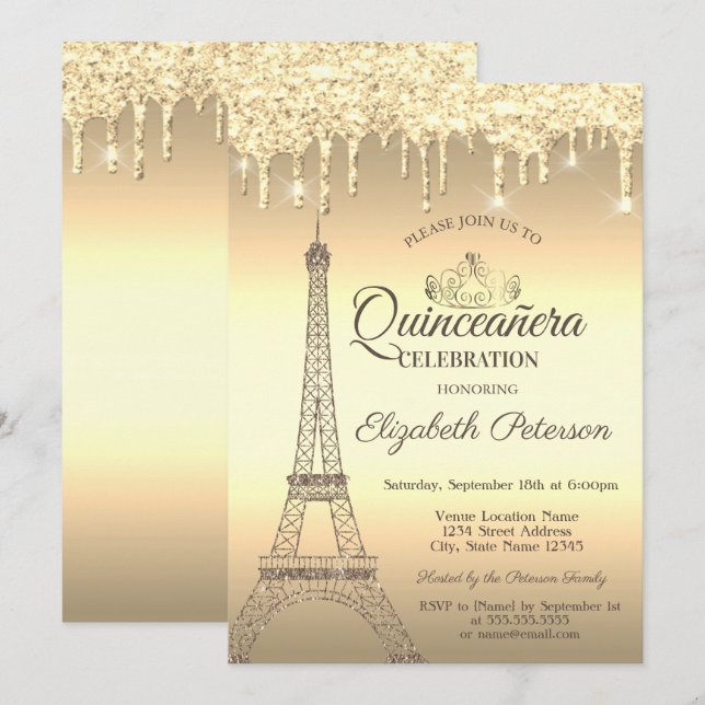 Convite Torre Eiffel de Brilho Dourado,Tiara,Gotas Quincea (Frente/Verso)