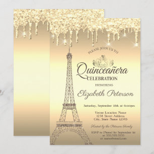 Convite Torre Eiffel de Brilho Dourado,Tiara,Gotas Quincea