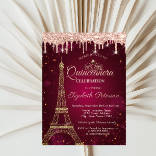 Convite Torre Eiffel de Brilho Dourado Tiara Goteja Quince