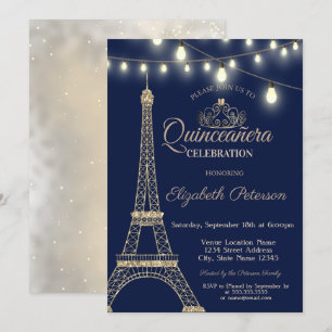 Convite Torre Eiffel de Brilho Dourado, Tiara Quinceañera