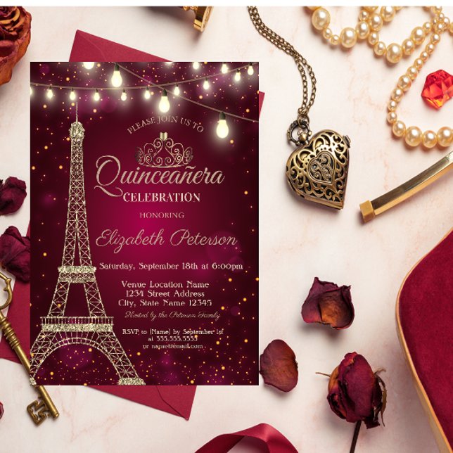 Convite Torre Eiffel de Brilho Dourado,Tiara Vermelha Quin (Criador carregado)