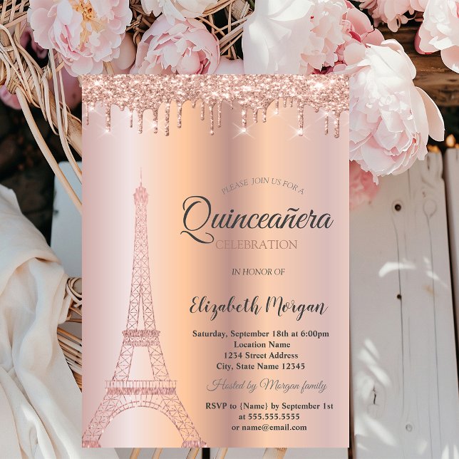 Convite Torre Eiffel de Brilho Rosa Dourado, Gotas Quincea (Criador carregado)