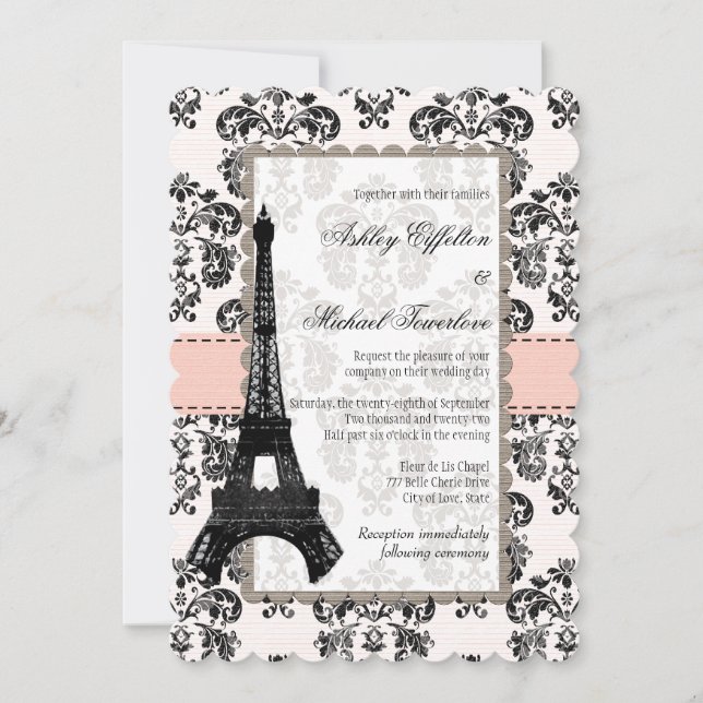 Convite Torre Eiffel de Casamento em Rosa e Preto Damask (Frente)