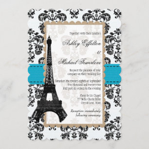 Convite Torre Eiffel de Casamento em Turquesa e Preto Dama