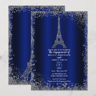 Convite Torre Eiffel de Engajamento com Brilho Prateado Az