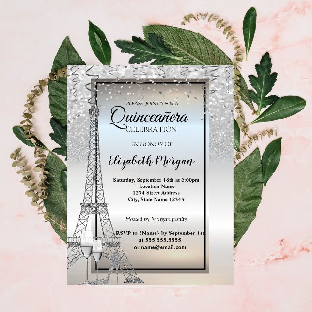 Convite Torre Eiffel de Glitter de Prata, Quinceañera de V (Criador carregado)