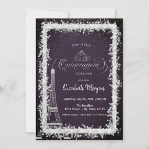 Convite Torre Eiffel de Moldura Prateada Quinceanera Roxo