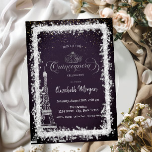 Convite Torre Eiffel de Moldura Prateada Quinceanera Roxo