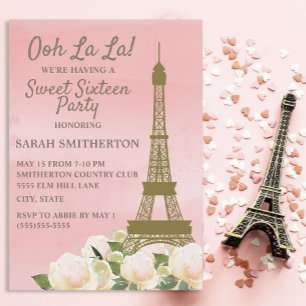 Convite Torre Eiffel de Ouro Rosa Floral Doce 16