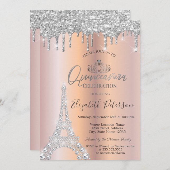 Convite Torre Eiffel de Ouros,Coloca Silver Quinceañera (Frente/Verso)