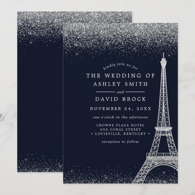 Convite Torre Eiffel de Paris Confete Prateado Casamento A (Frente/Verso)