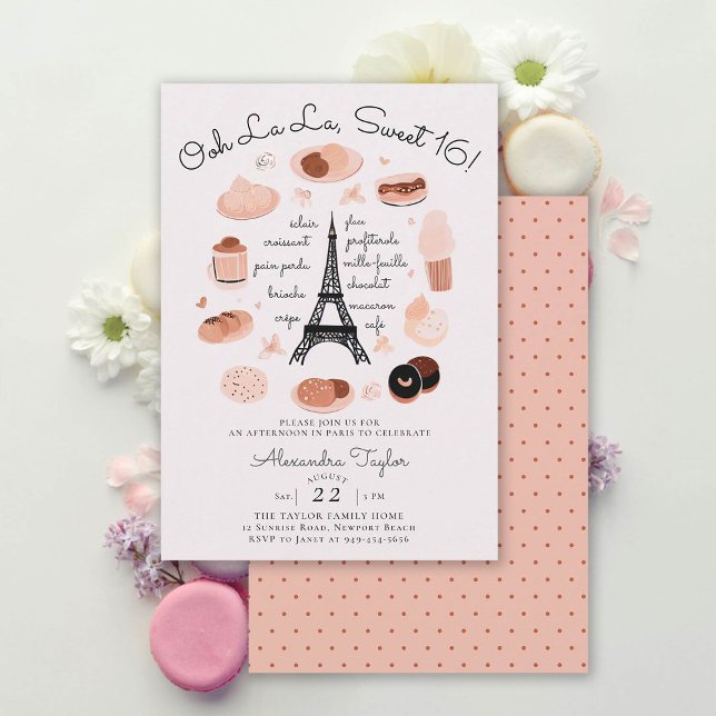 Convite Torre Eiffel de Paris, Desserts Rosa Blush, Sweet  (paris sweet 16 invitations eiffel tower french desert dessert croissant eclair unique original girly)