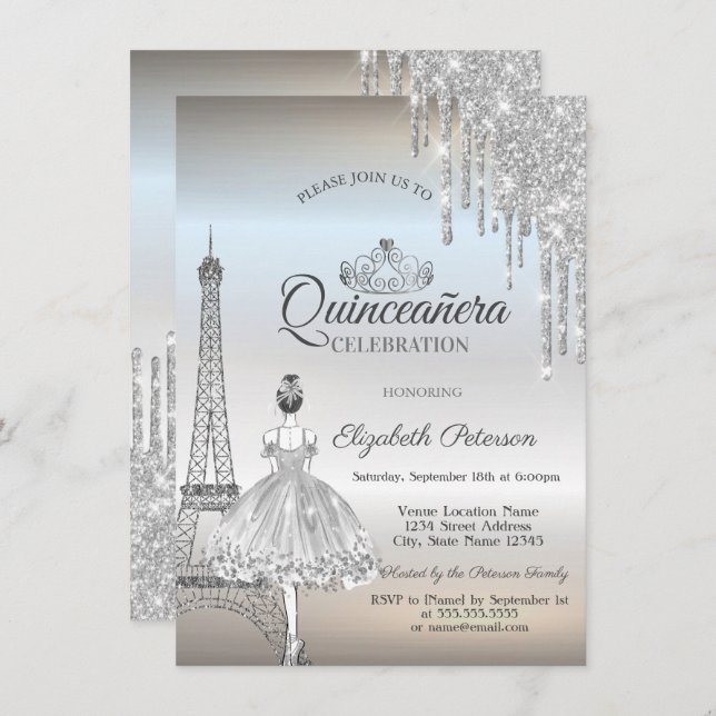 Convite Torre Eiffel de Paris,Drives,Ballerina Quinceañera (Frente/Verso)