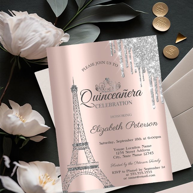 Convite Torre Eiffel de Paris, Gotas Rosa Dourado Quinceañ (Criador carregado)