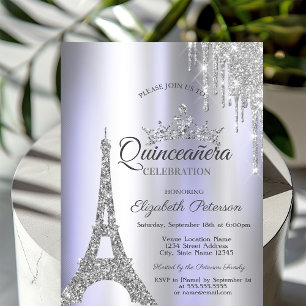 Convite Torre Eiffel de Paris Prata, Drip Violeta Quinceañ