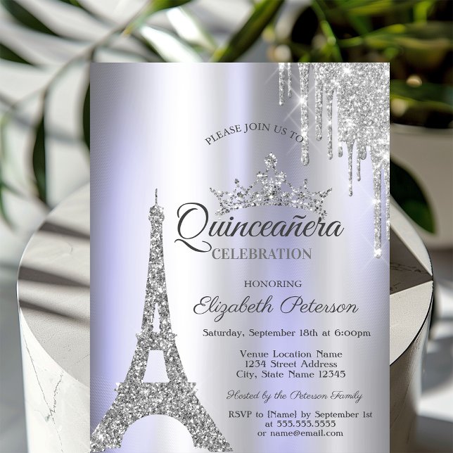 Convite Torre Eiffel de Paris Prata, Drip Violeta Quinceañ (Criador carregado)