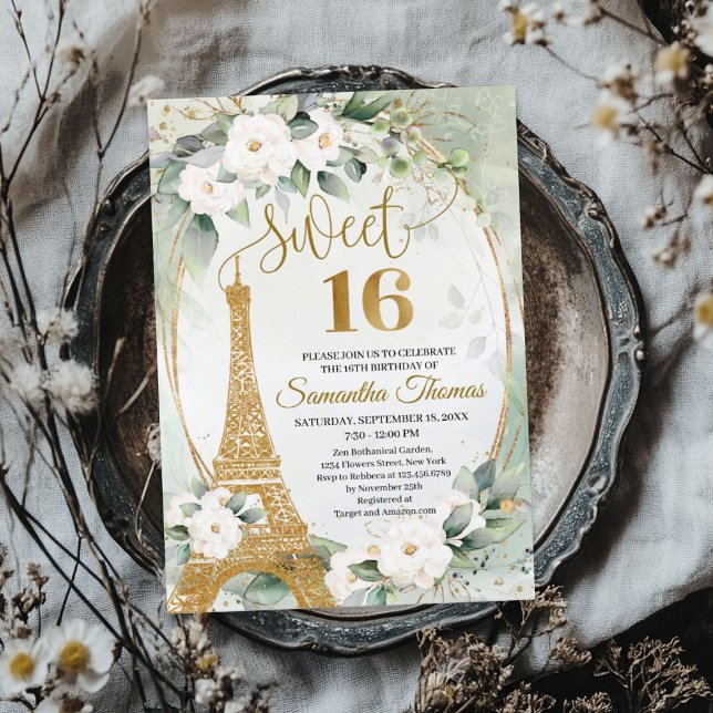 Convite Torre Eiffel de Paris rosas brancas verde-aval de  (Paris Eiffel tower white roses greenery gold oval Invitation)