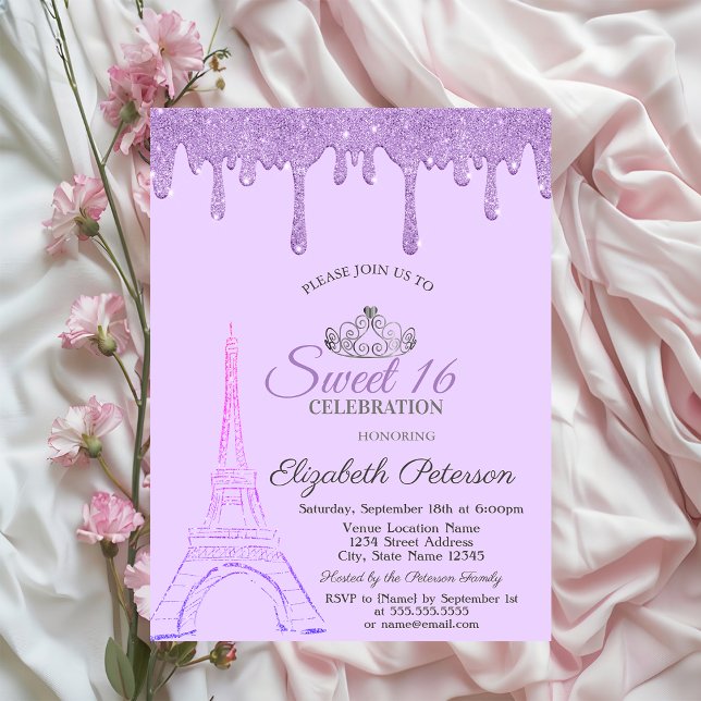 Convite Torre Eiffel de Paris, Violet Drips Sweet 16   (Criador carregado)
