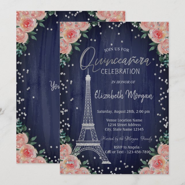 Convite Torre Eiffel de Prata Diamantes Flores Quinceañera (Frente/Verso)