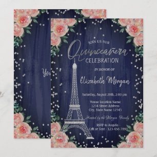 Convite Torre Eiffel de Prata Diamantes Flores Quinceañera