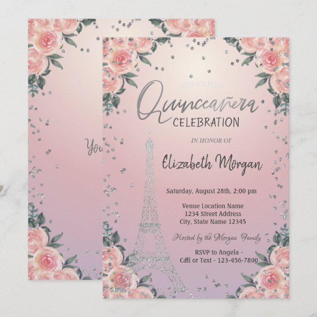 Convite Torre Eiffel Diamantes Flores Rosa Quinceañera (Frente/Verso)