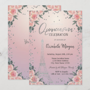 Convite Torre Eiffel Diamantes Flores Rosa Quinceañera