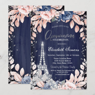 Convite Torre Eiffel Diamantes Rosas Azuis Marinho Quinze