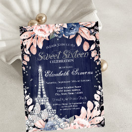Convite Torre Eiffel Diamantes Rosas Azuis Marinho Sweet 1