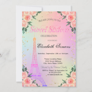 Convite Torre Eiffel Diamantes Rosas Holográfico Sweet 16