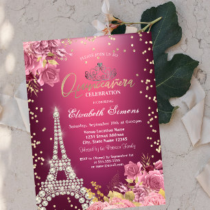 Convite Torre Eiffel Diamantes Rosas Vermelho Quinceanera