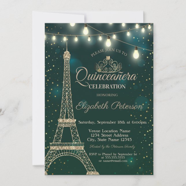 Convite Torre Eiffel Dourada Brilha Verde  Quinceañera (Frente)
