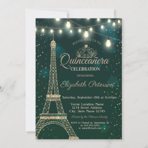 Convite Torre Eiffel Dourada Brilha Verde Quinceañera