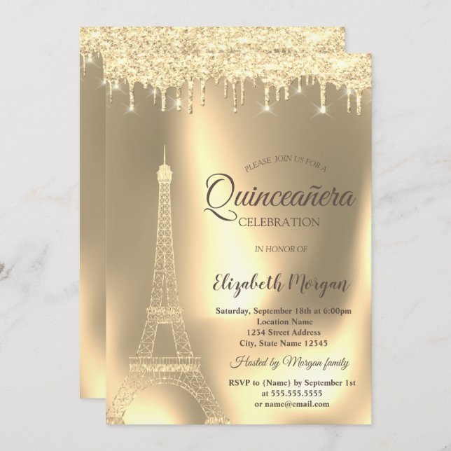 Convite Torre Eiffel Dourada,Chic Drives Quinceañera (Frente/Verso)