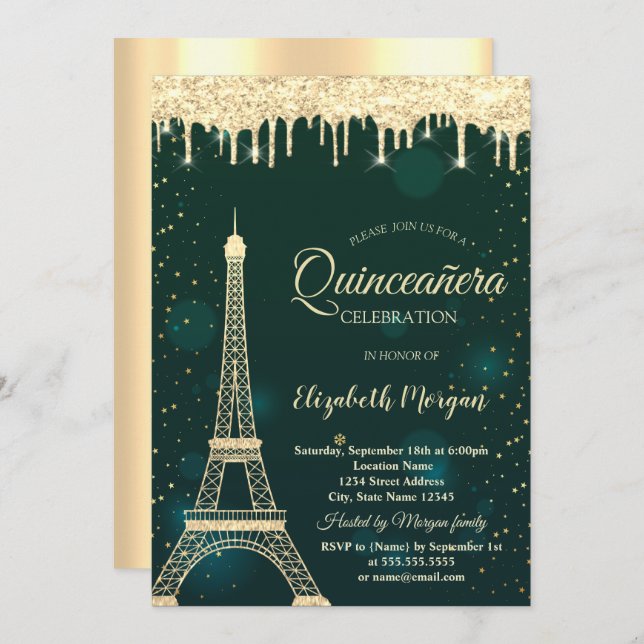 Convite Torre Eiffel Dourada, Coluna a Quinceañera Verde (Frente/Verso)