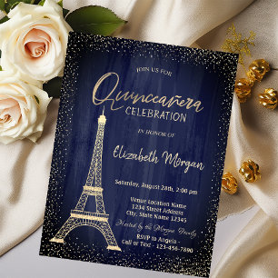 Convite Torre Eiffel Dourada Confete Azul Marinho Quincean