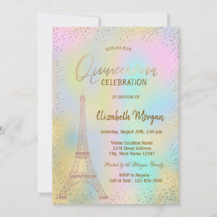 Convite Torre Eiffel Dourada Confete Holográfica Quinceañe