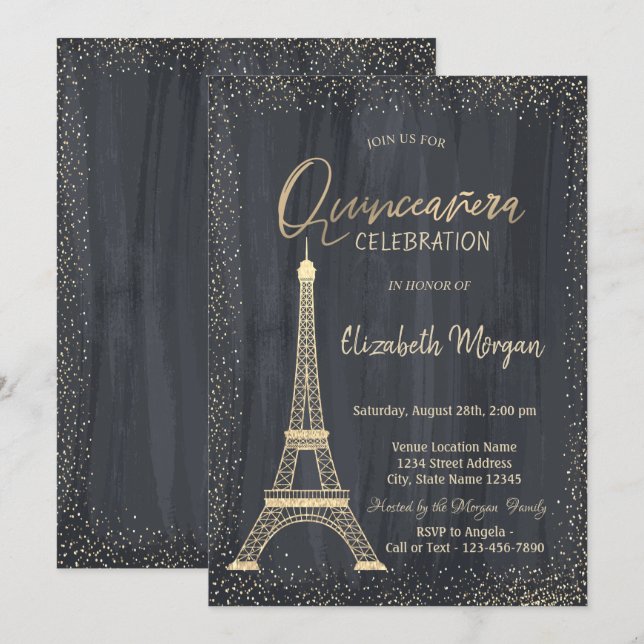 Convite Torre Eiffel Dourada Confete Quinceanera (Frente/Verso)