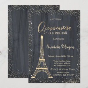 Convite Torre Eiffel Dourada Confete Quinceanera